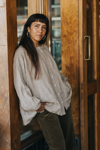 Montaigne - Carmen - Button Through Long Sleeve Top - Beige/Brown Check