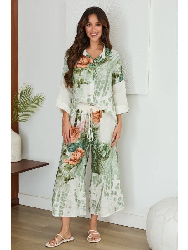 Elastic Waistband Roses Print Linen Pants - Cream