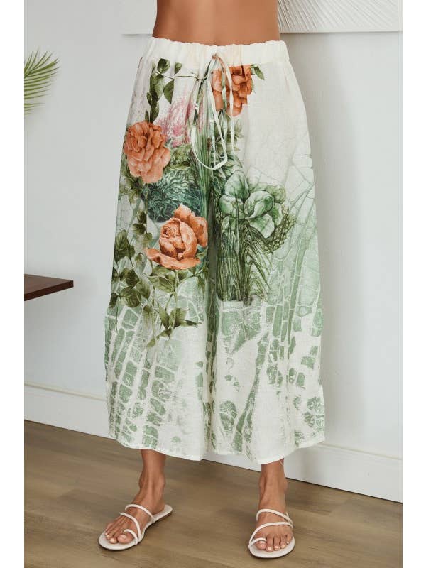 Elastic Waistband Roses Print Linen Pants - Cream