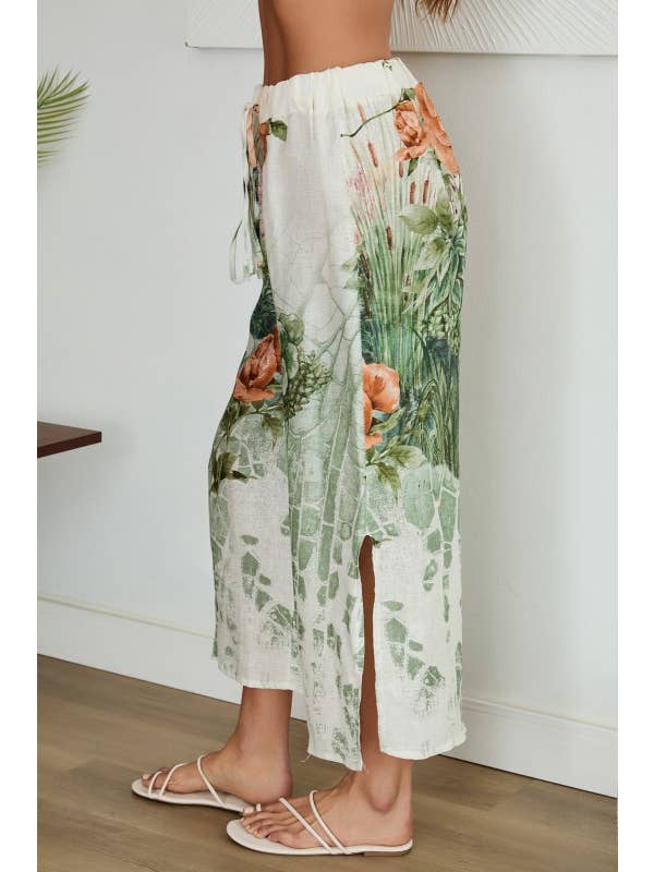 Elastic Waistband Roses Print Linen Pants - Cream