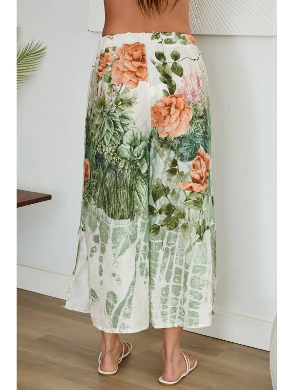 Elastic Waistband Roses Print Linen Pants - Cream