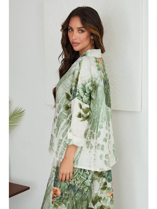 Collared Button Down Roses Print Linen Top - Cream
