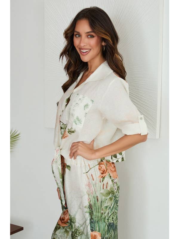 Collared Button Down Roses Print Linen Top Tie Front - Cream