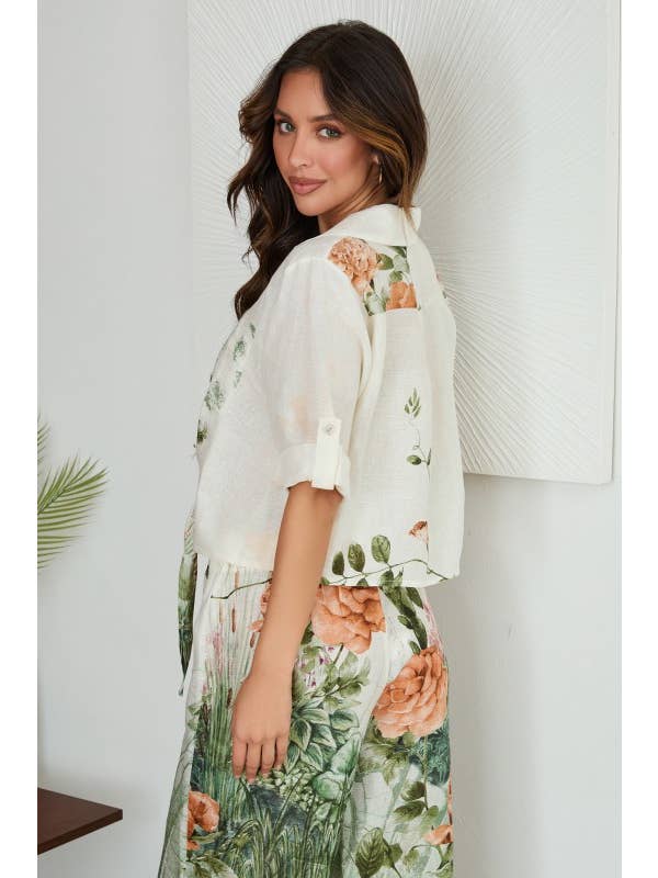 Collared Button Down Roses Print Linen Top Tie Front - Cream