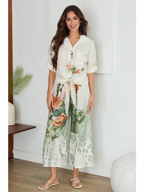 Collared Button Down Roses Print Linen Top Tie Front - Cream