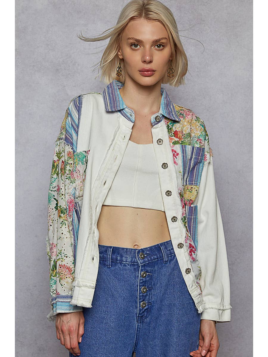 Oversize Long Sleeve Print Plaid Contrast Casual Shacket - White - LAST ONE - Size L