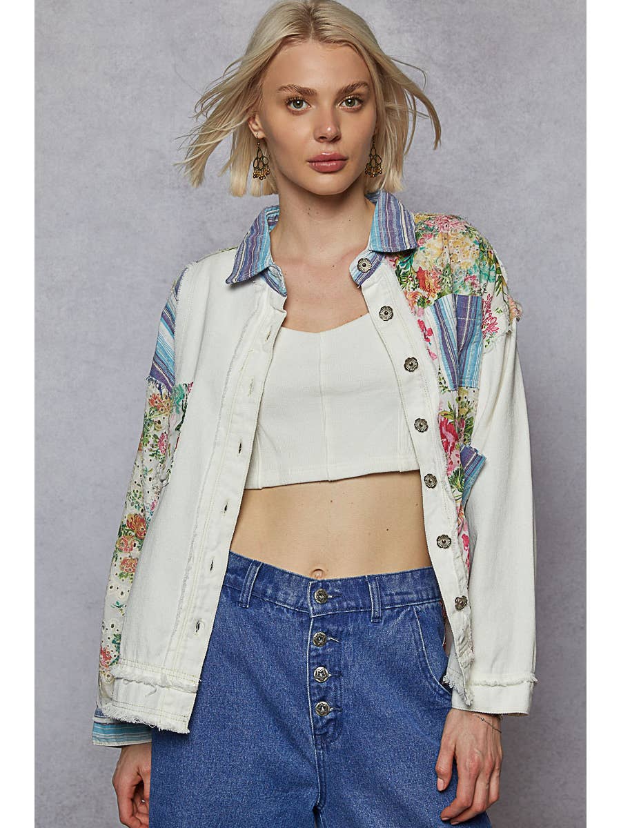 Oversize Long Sleeve Print Plaid Contrast Casual Shacket - White - LAST ONE - Size L