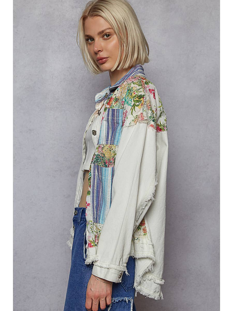 Oversize Long Sleeve Print Plaid Contrast Casual Shacket - White - LAST ONE - Size L