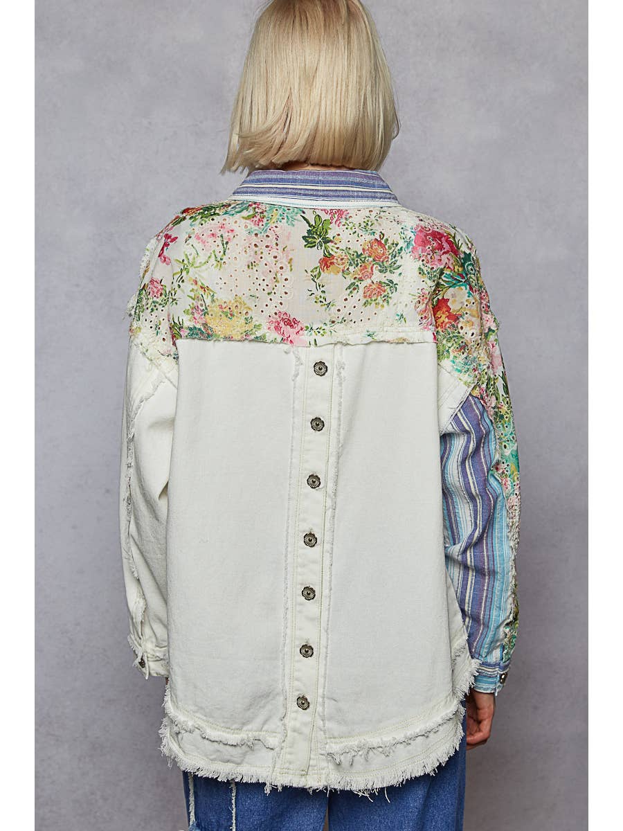 Oversize Long Sleeve Print Plaid Contrast Casual Shacket - White - LAST ONE - Size L