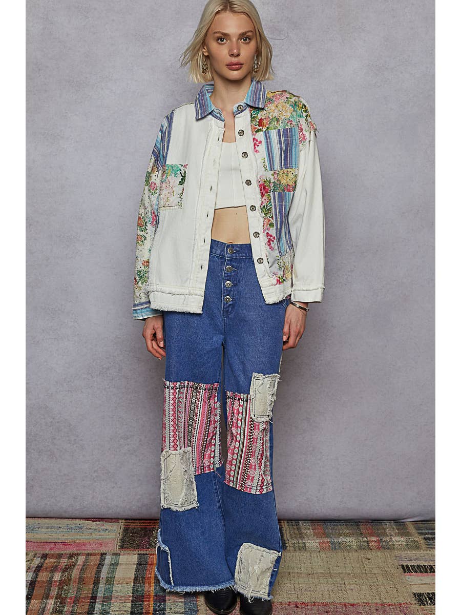 Oversize Long Sleeve Print Plaid Contrast Casual Shacket - White - LAST ONE - Size L
