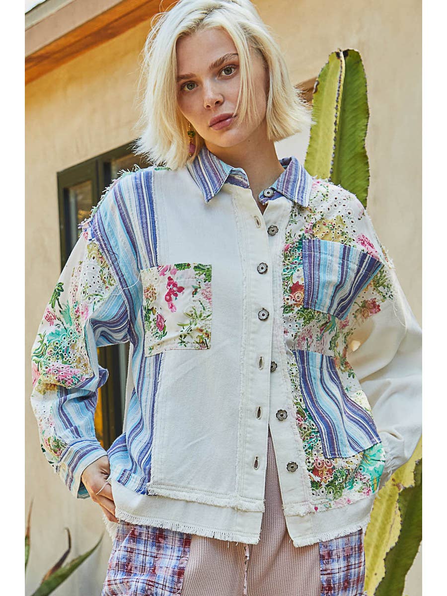 Oversize Long Sleeve Print Plaid Contrast Casual Shacket - White - LAST ONE - Size L