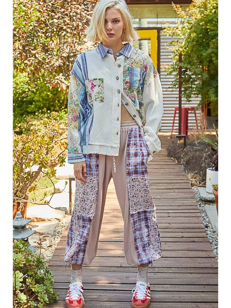 Oversize Long Sleeve Print Plaid Contrast Casual Shacket - White - LAST ONE - Size L