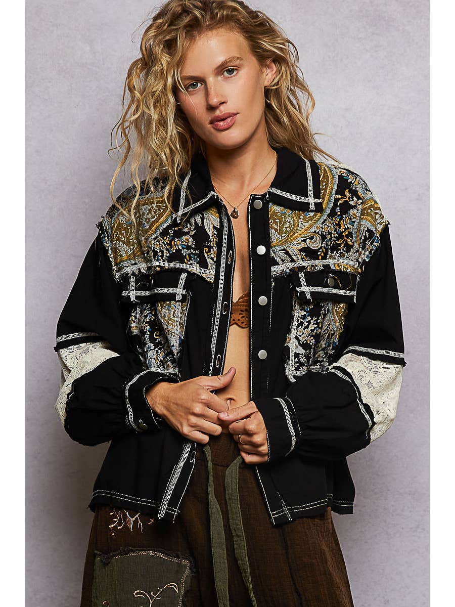 Balloon Sleeve Printed Woven Mixed Denim Shacket - Black