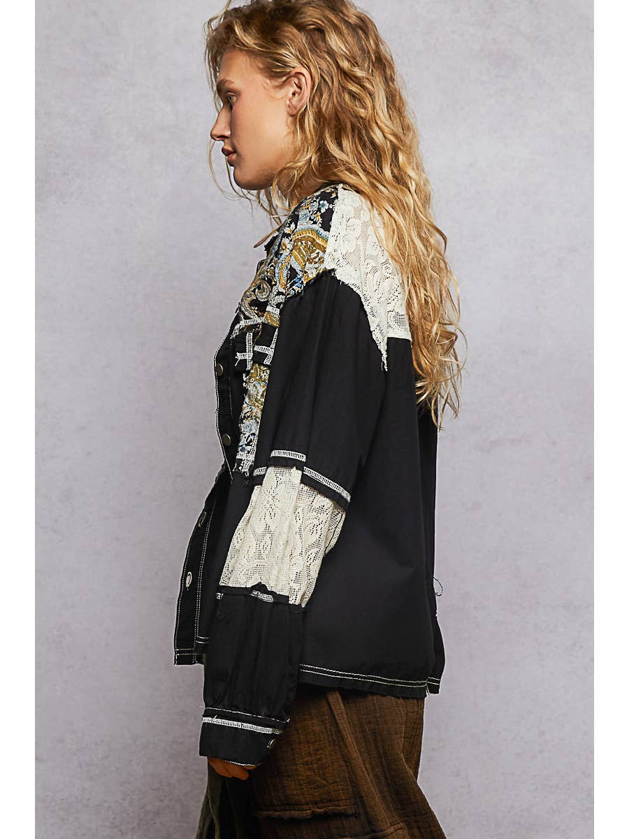 Balloon Sleeve Printed Woven Mixed Denim Shacket - Black