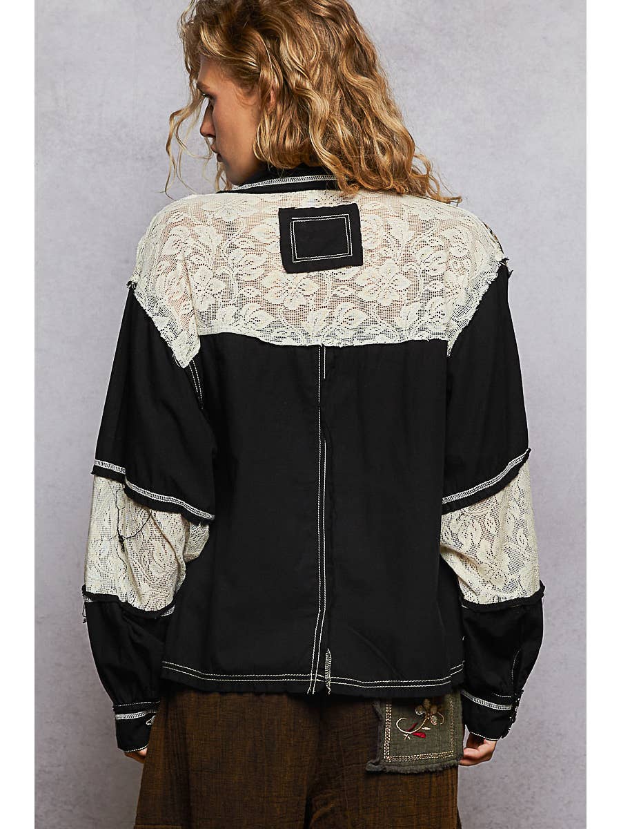 Balloon Sleeve Printed Woven Mixed Denim Shacket - Black