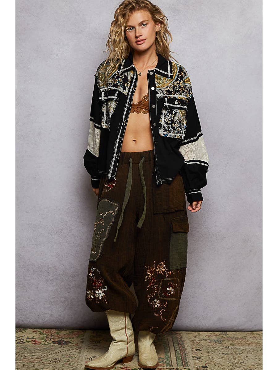 Balloon Sleeve Printed Woven Mixed Denim Shacket - Black