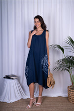 Italian ‘Bella” Sleeveless Linen Printed Large Flower Dress - Navy