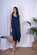 Italian ‘Bella” Sleeveless Linen Printed Large Flower Dress - Navy