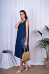 Italian ‘Bella” Sleeveless Linen Printed Large Flower Dress - Navy