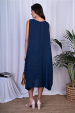 Italian ‘Bella” Sleeveless Linen Printed Large Flower Dress - Navy