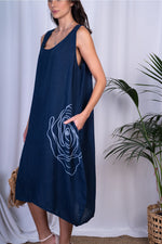 Italian ‘Bella” Sleeveless Linen Printed Large Flower Dress - Navy