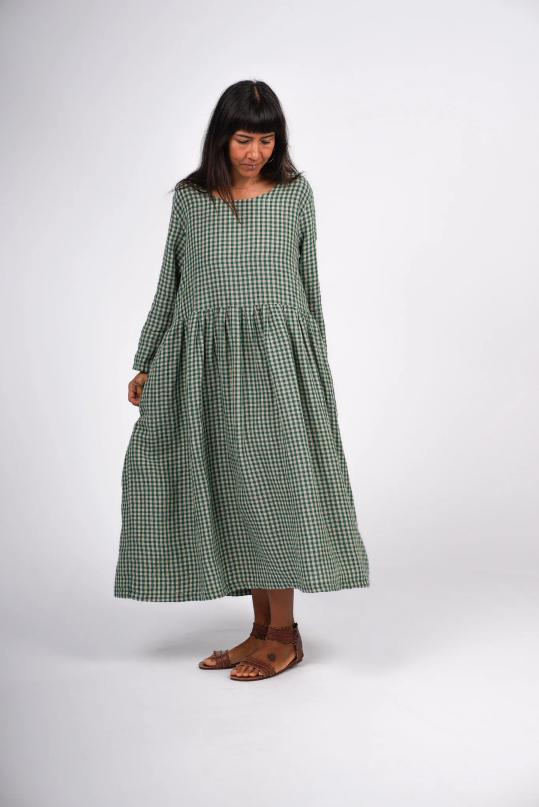 Gingham Linen Dress - Green