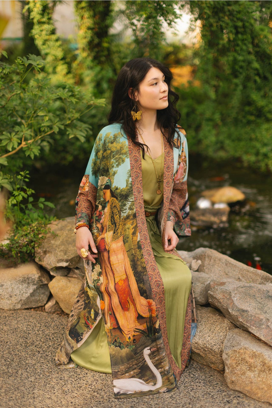Market Of Stars - ‘Secret Garden’ Opera Duster Bamboo Kimono Duster Robe With Swan