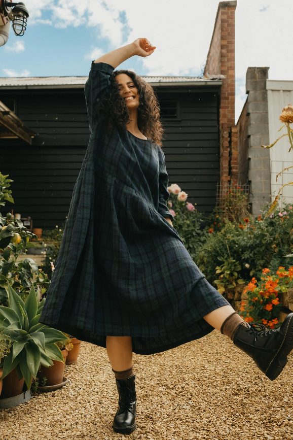 Montaigne ‘Journee’ Heavy Weight French Linen Dress - Blue Tartan