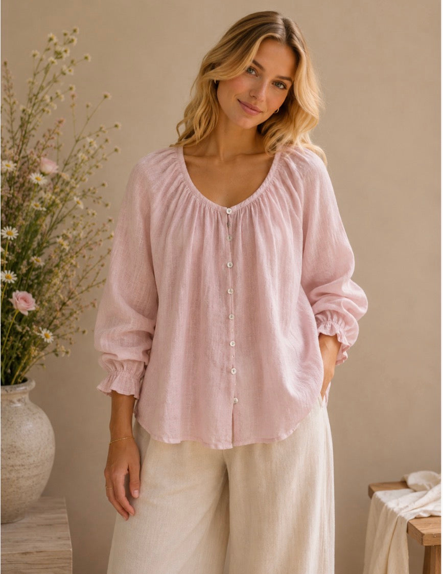 Free Angel - Spirita – Gathered Neckline Button-Throughout Linen Top