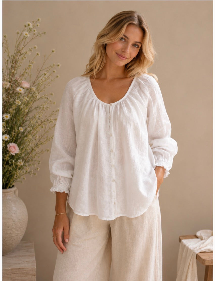 Free Angel - Spirita – Gathered Neckline Button-Throughout Linen Top