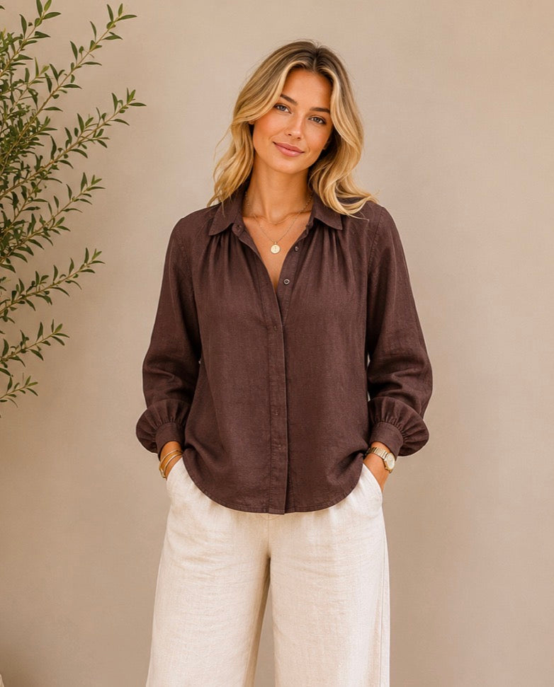 Free Angel - Elastita – Collar Neckline Button-Throughout Linen Top
