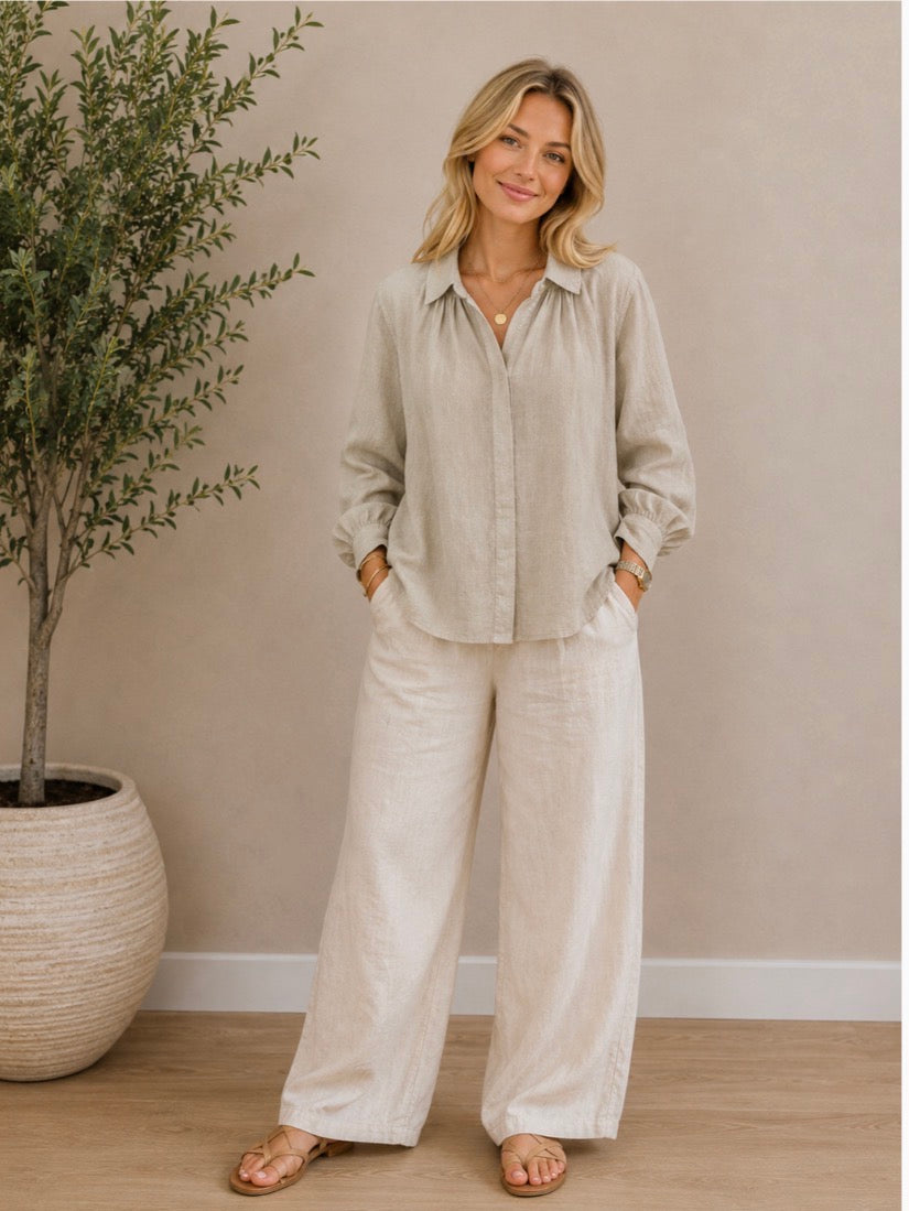 Free Angel - Elastita – Collar Neckline Button-Throughout Linen Top
