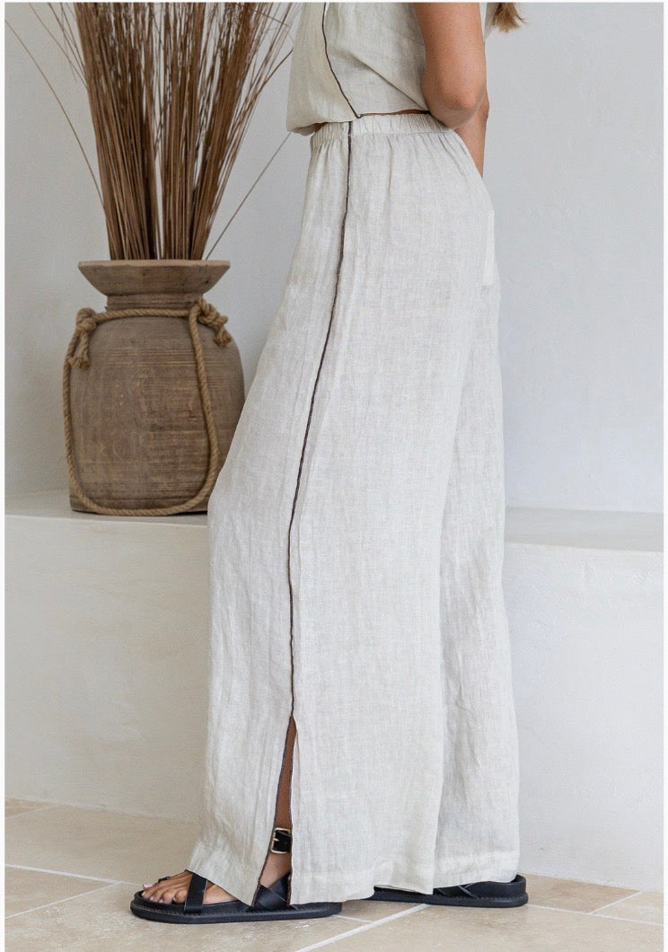 Free Angel - Ariosa – Italian Linen Pants - Sand with Mocha Trim