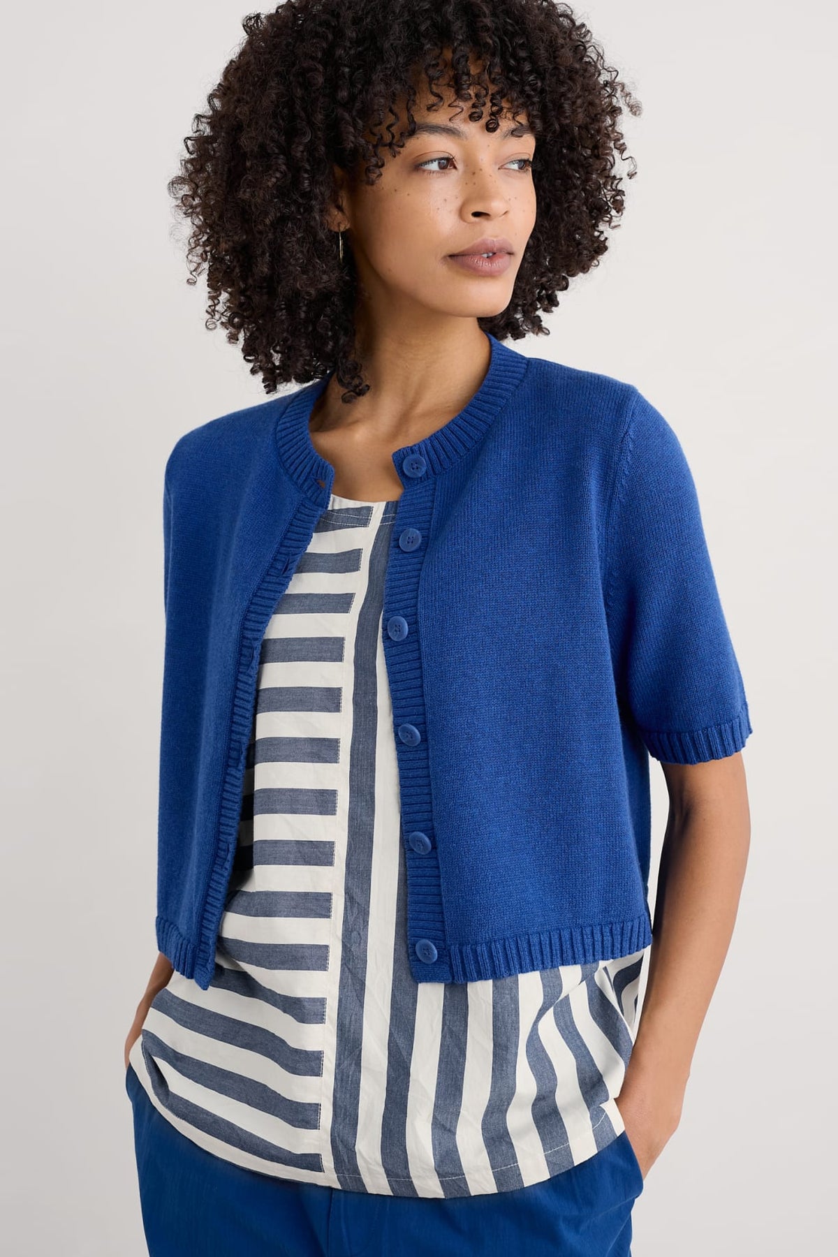 Seasalt Cornwall - 'Gillan Creek' Organic Cotton Short Sleeve Cardigan - Bright Marine