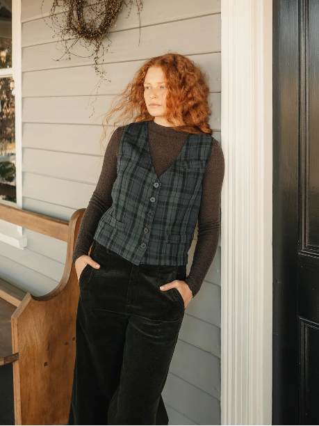 Montaigne - Chloe - French Linen Vest / Waist Coat - Blue Tartan