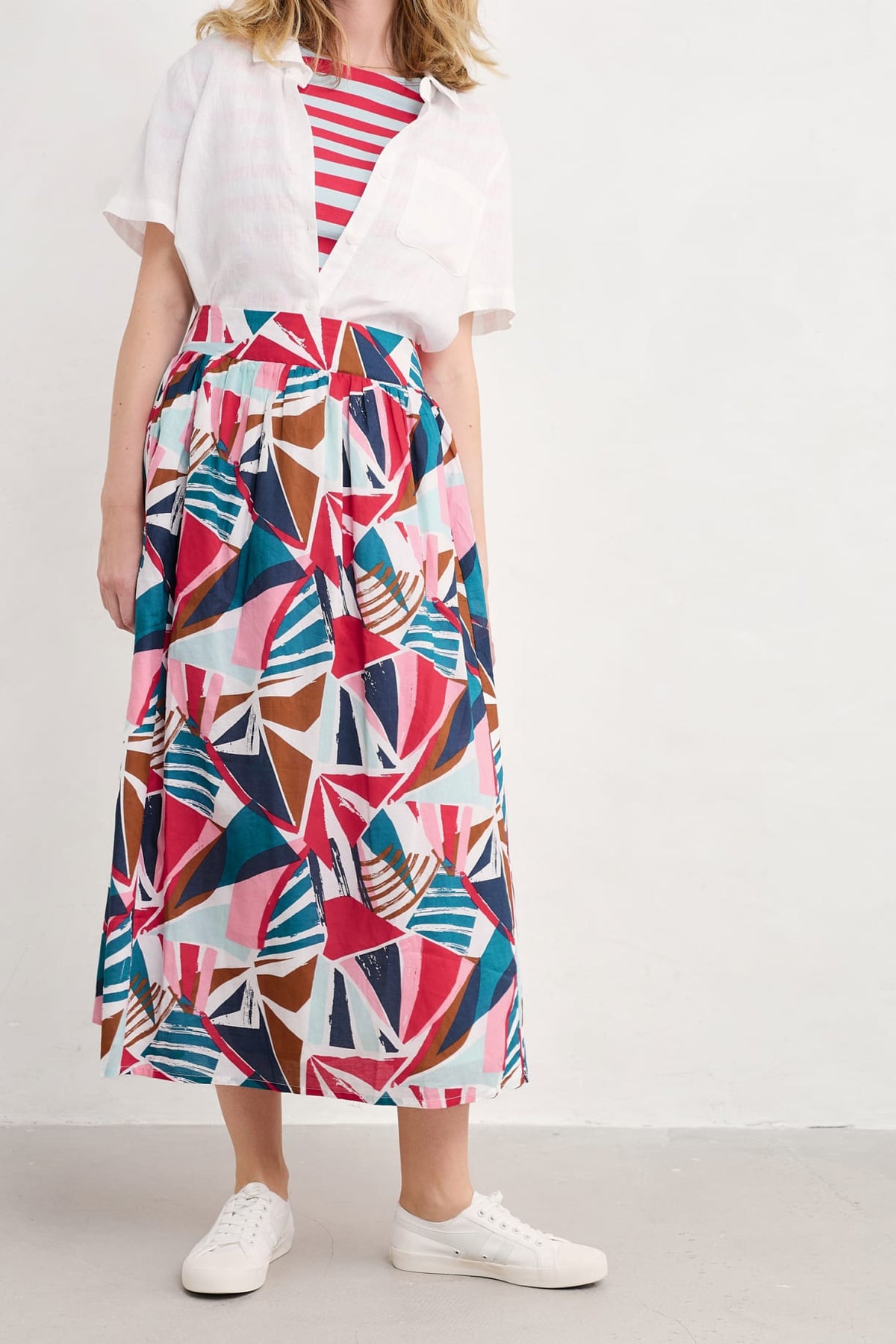 Seasalt Cornwall - ‘Mevagissey’ Midi Skirt in GOTS Certified Organic Cotton - Spinnaker Sails Chalk