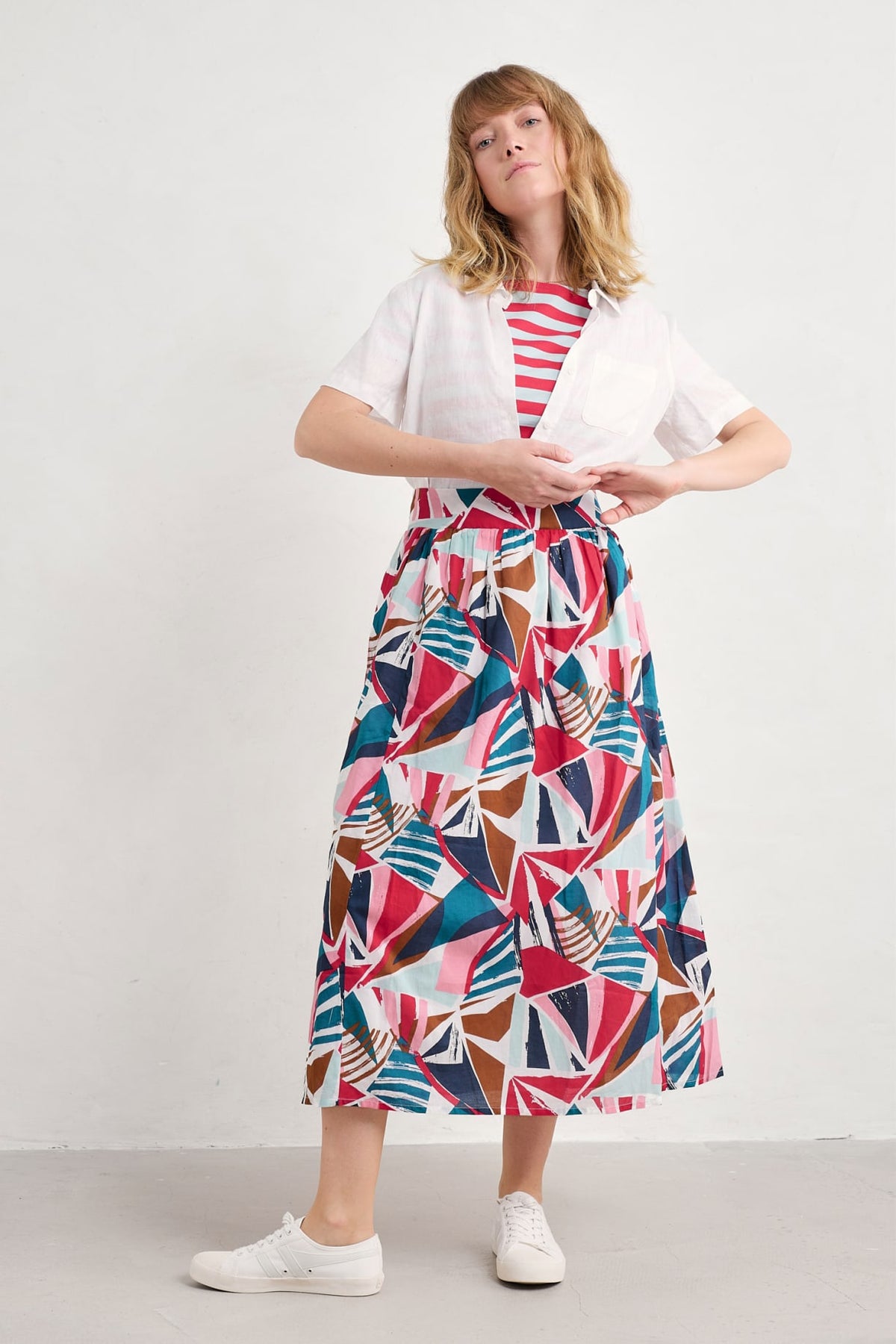 Seasalt Cornwall - ‘Mevagissey’ Midi Skirt in GOTS Certified Organic Cotton - Spinnaker Sails Chalk