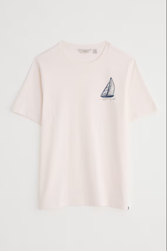 Seasalt Cornwall - Men's ‘Loggerhead’ Organic Cotton T-Shirt - Sailboat Sketch Chalk
