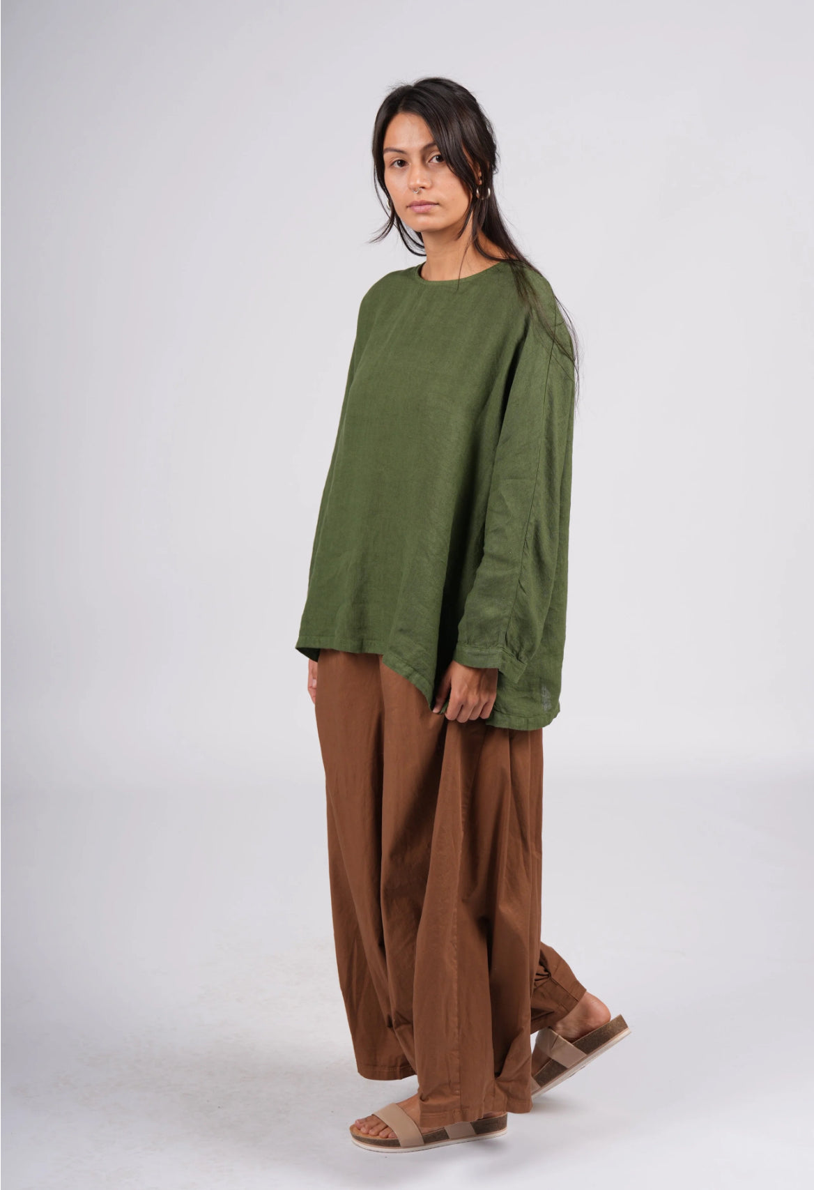 Montaigne ‘Toulouse’ Linen Long Sleeve Top - LAST ONE - Forest Green