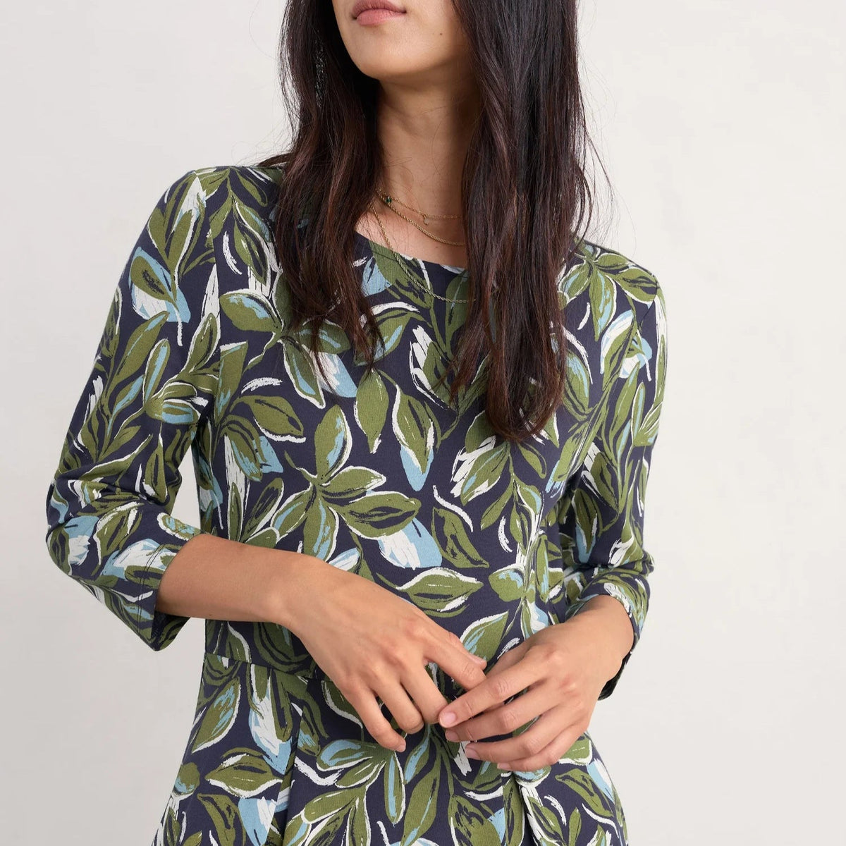 Seasalt Cornwall - ‘Wild Bouquet’ Jersey Midi Dress - Tonal Leaves Maritime