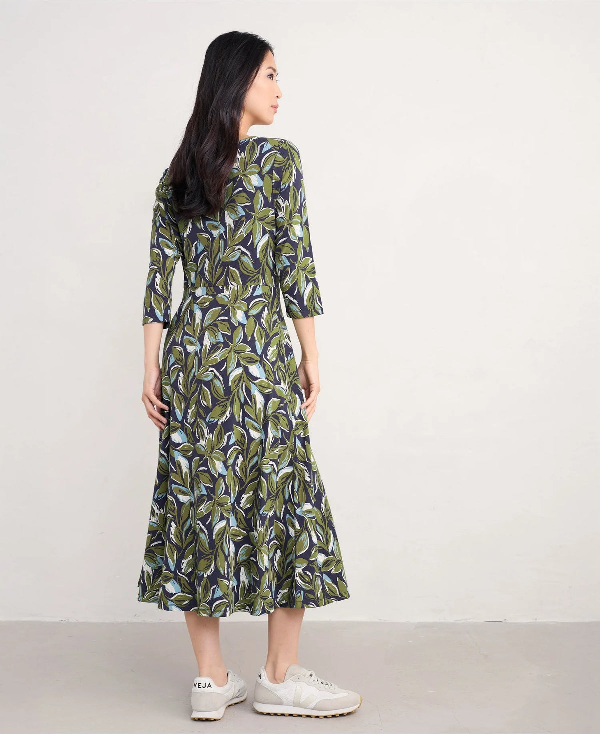 Seasalt Cornwall - ‘Wild Bouquet’ Jersey Midi Dress - Tonal Leaves Maritime