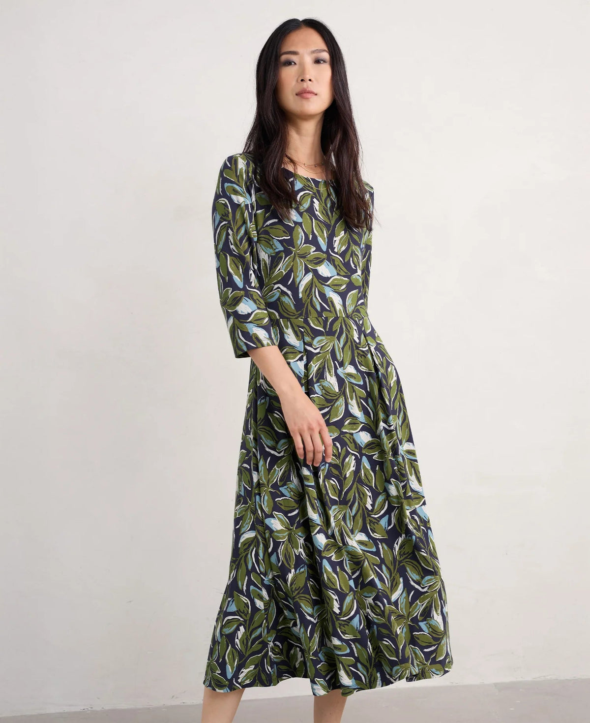 Seasalt Cornwall - ‘Wild Bouquet’ Jersey Midi Dress - Tonal Leaves Maritime