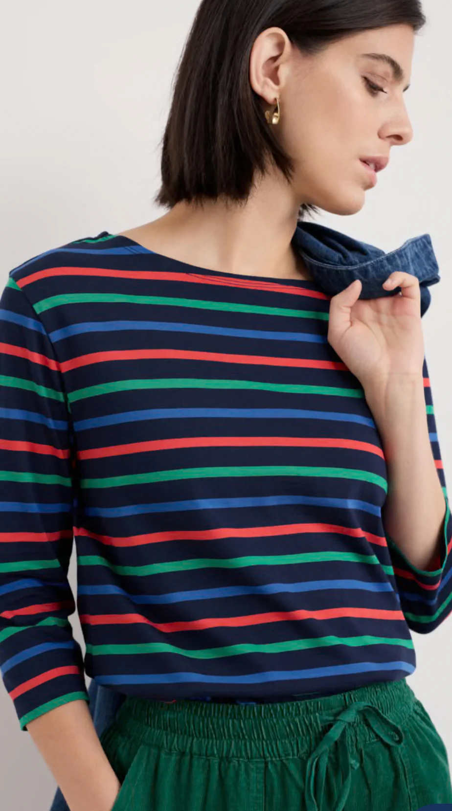 Seasalt Cornwall - ‘Sailor’ 3/4 Sleeve Top in GOTS-Certified Organic Cotton Jersey - Tri Breton Maritime Glade