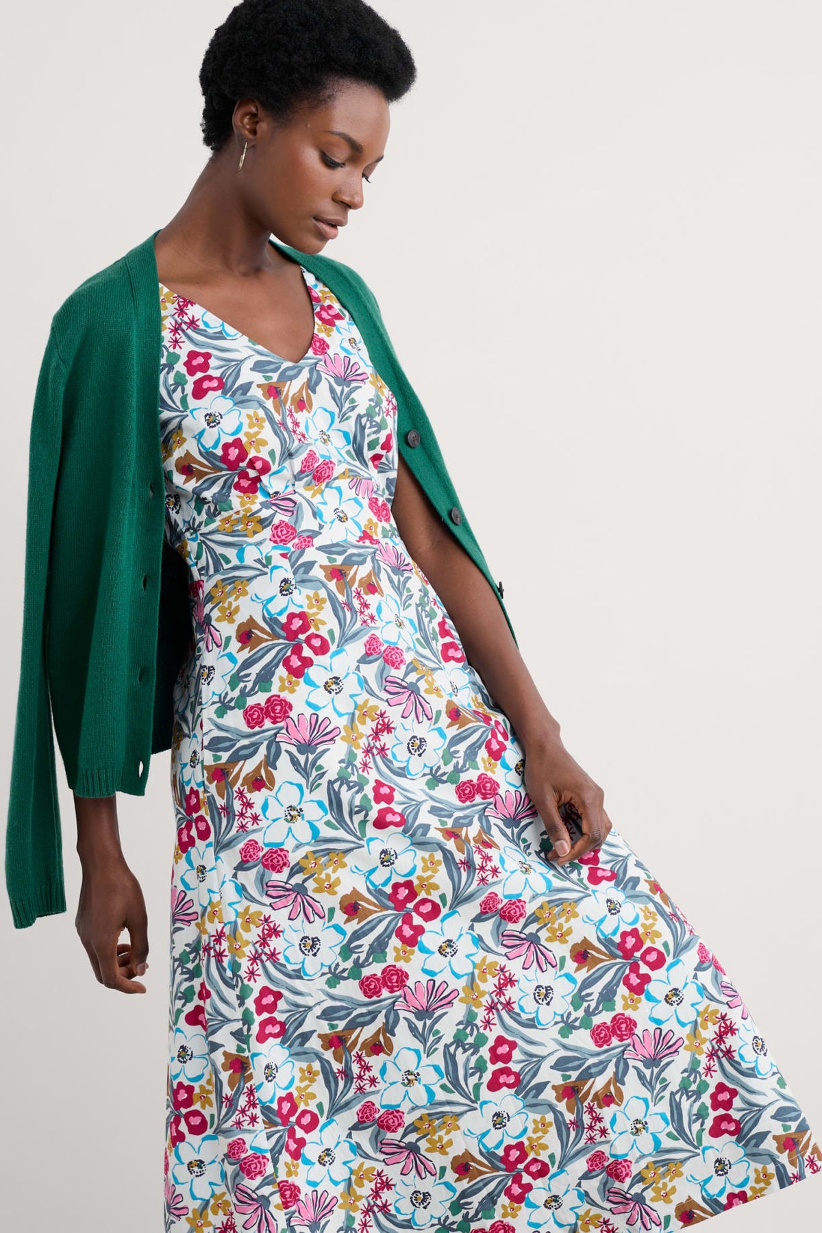 Seasalt Cornwall - ‘Sky Beyond’ Sleeveless V-Neck Dress - Garden Flowers Chalk