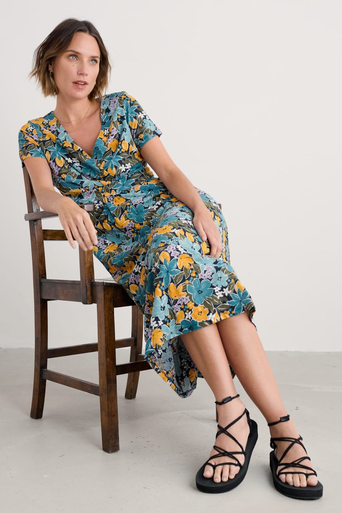 Seasalt Cornwall - ‘Chapelle’ Dress in GOTS Certified Organic Cotton Jersey - Citrus Floral Poseidon