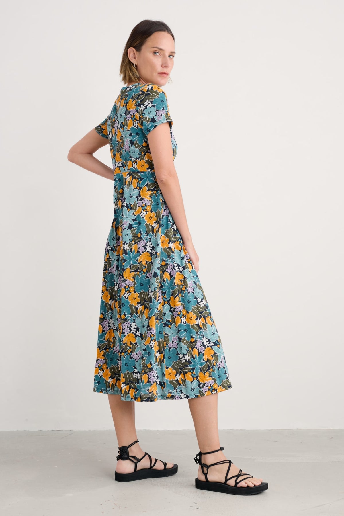 Seasalt Cornwall - ‘Chapelle’ Dress in GOTS Certified Organic Cotton Jersey - Citrus Floral Poseidon