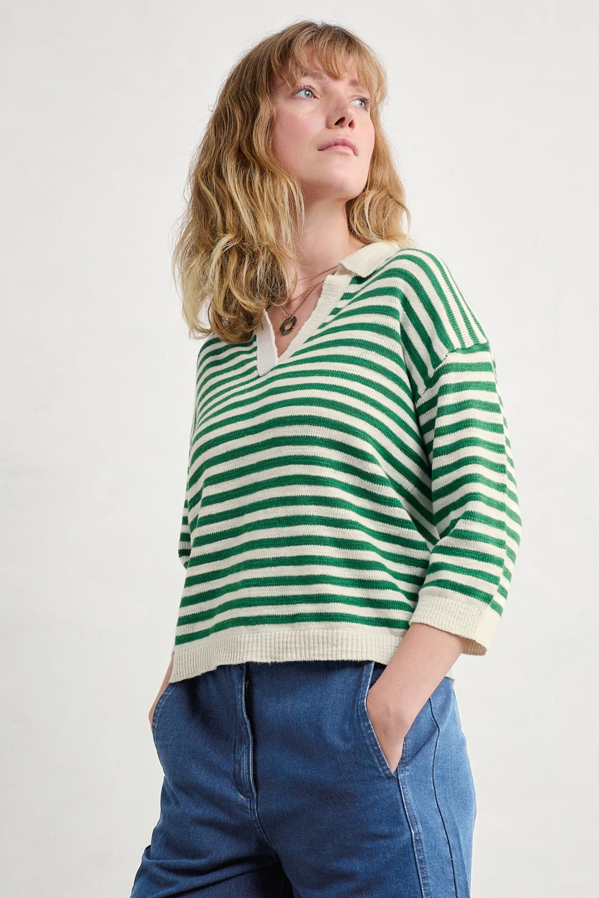 Seasalt Cornwall - ‘Gwynver’ Lightweight V-Neck Collared Jumper - Mini Cornish Island Ecru