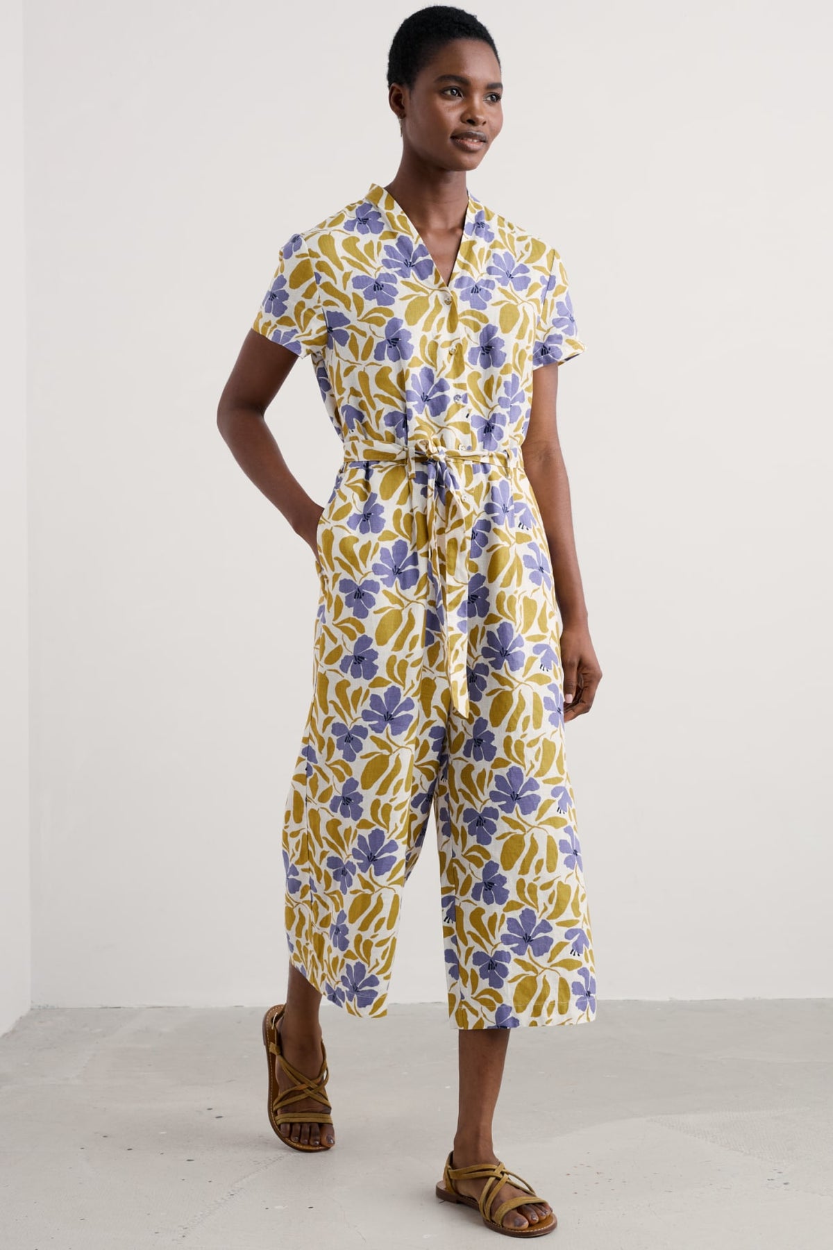 Seasalt Cornwall - ‘Treen Cove’ Linen Jumpsuit - Leafy Floral Chalk Pear