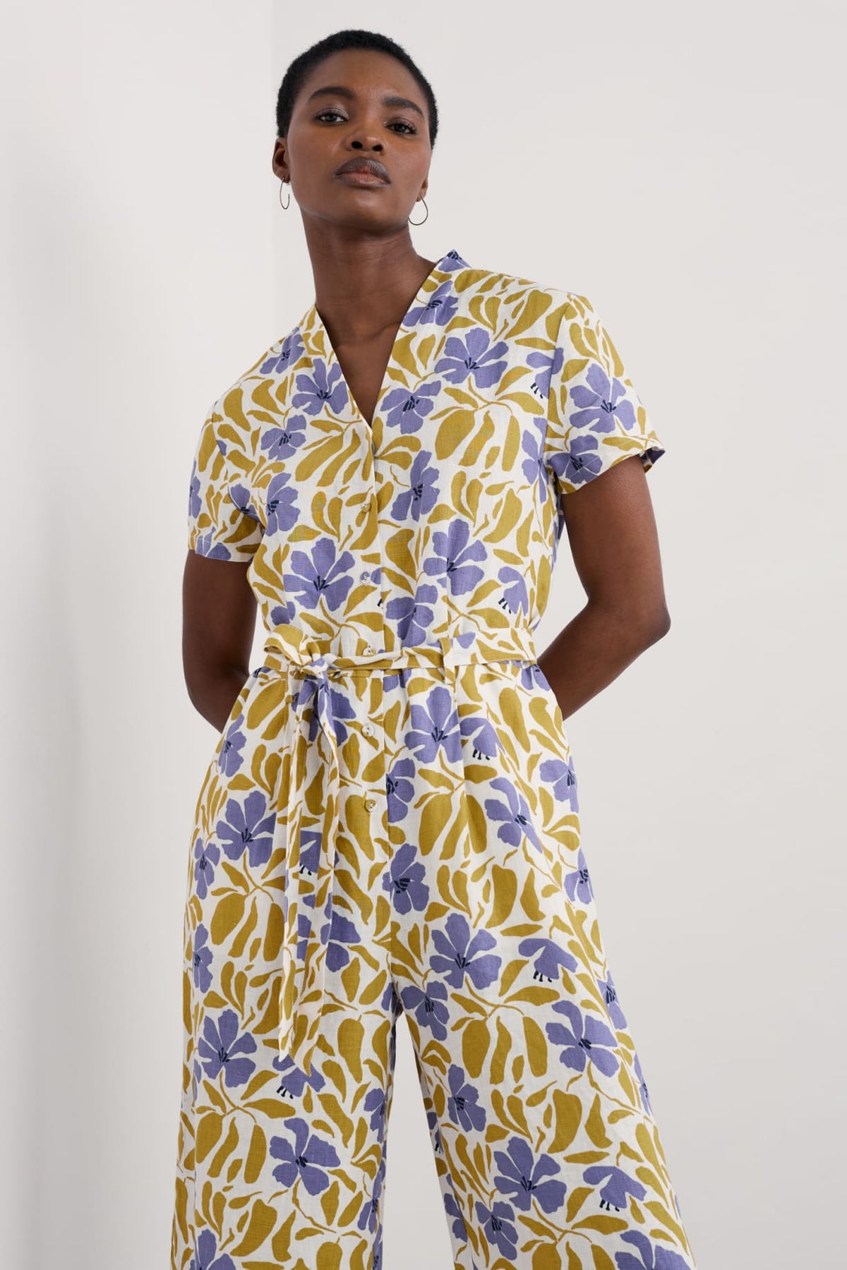 Seasalt Cornwall - ‘Treen Cove’ Linen Jumpsuit - Leafy Floral Chalk Pear