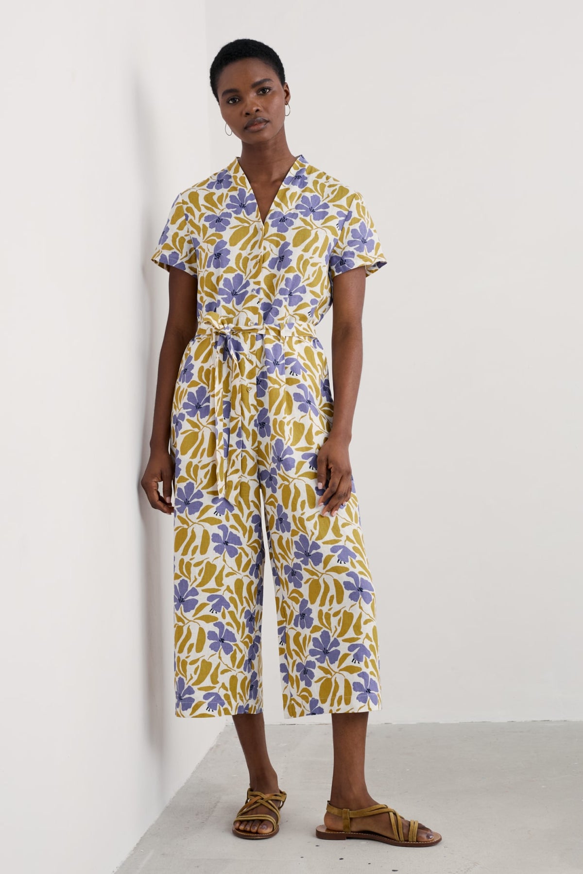 Seasalt Cornwall - ‘Treen Cove’ Linen Jumpsuit - Leafy Floral Chalk Pear